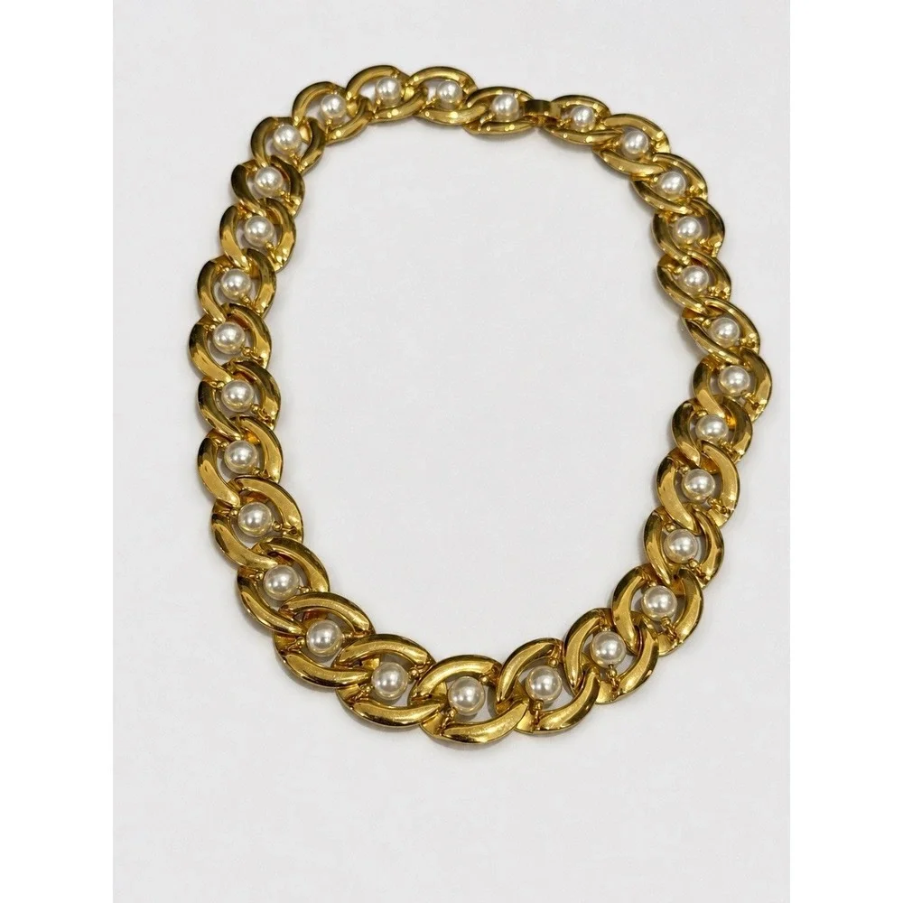 Vintage Gold Tone Imitation Caged Pearl Link Necklace Chunky Collar Necklace